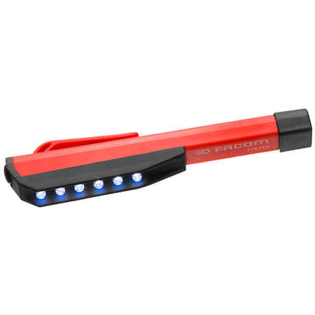 Lampe stylo LED Facom, outil d'éclairage rouge et noir, marque Facom visible.