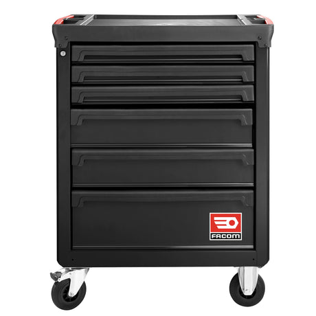Servante d'atelier Facom noire à roulettes avec six tiroirs, logo visible en façade.