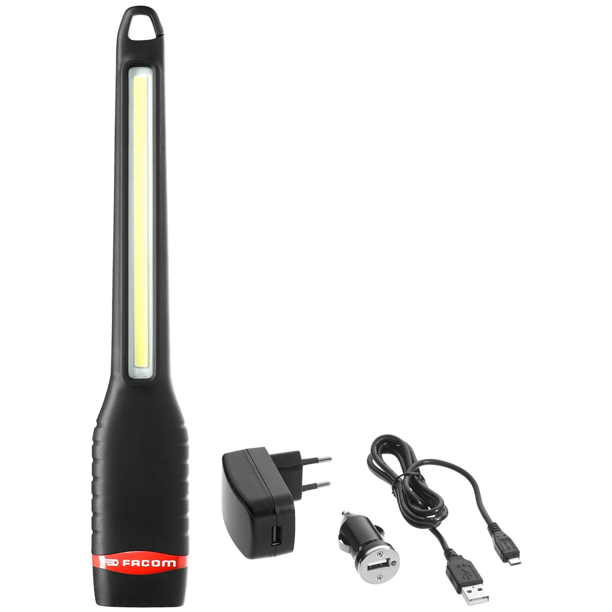 Lampe baladeuse noire Facom avec chargeur USB et adaptateurs secteur, outil d'éclairage.