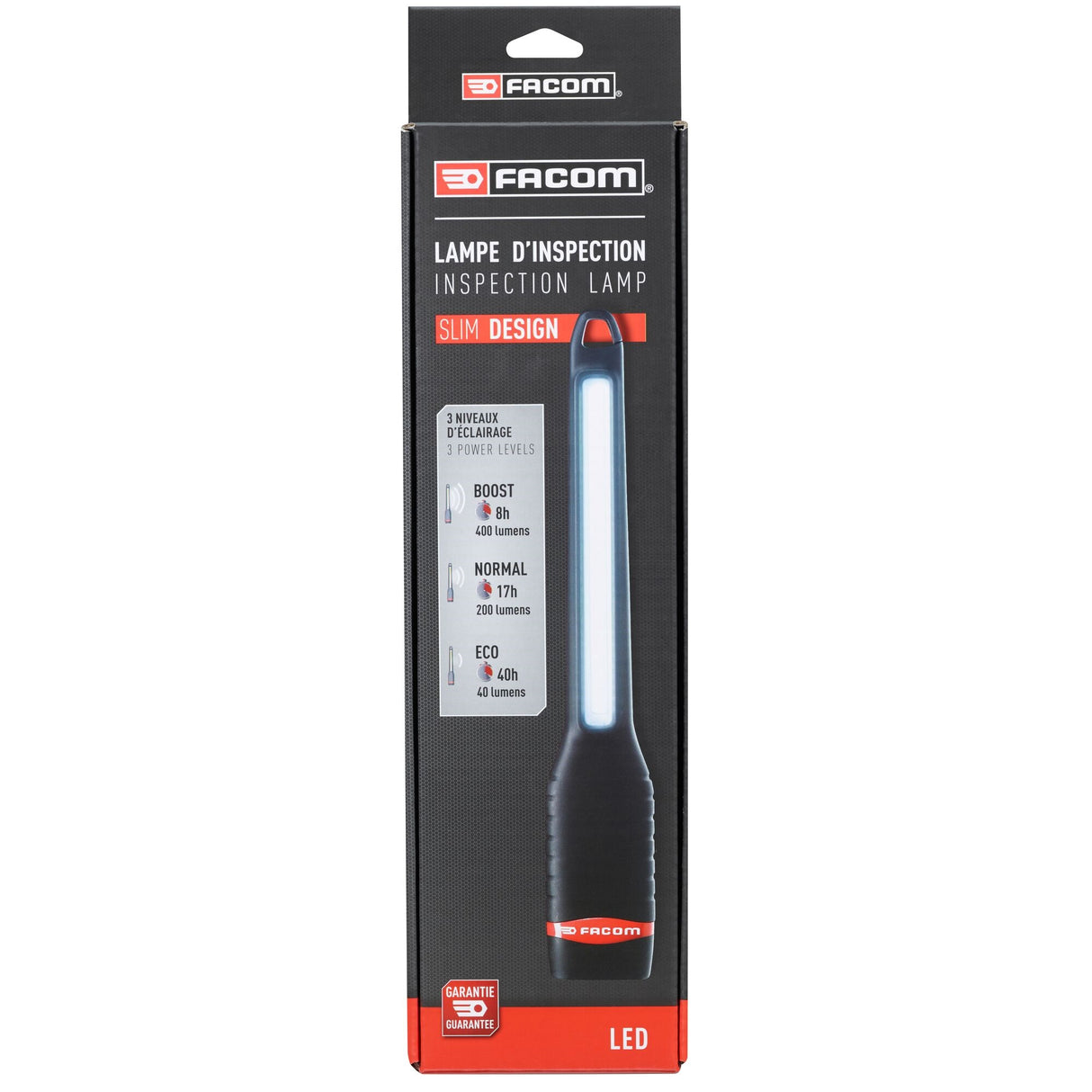 Lampe d’inspection Facom LED noire, boîte verticale, design fin, trois modes d’éclairage.