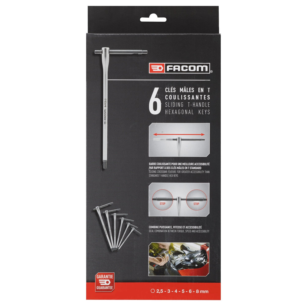 Set Facom de 6 clés mâles en T coulissantes, outils hexagonaux argentés.