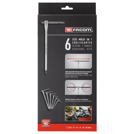 Set Facom de 6 clés mâles en T coulissantes, outils hexagonaux argentés.