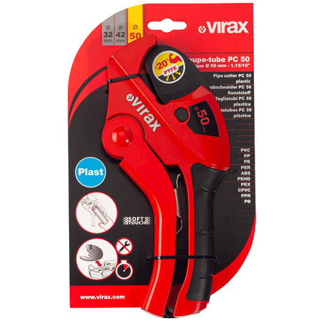 Coupe-tube Virax, outil de plombier, rouge et noir, pour tubes plastiques jusqu'à 50 mm.