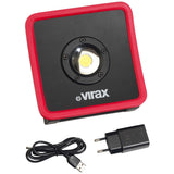 Projecteur LED Virax noir et rouge avec chargeur USB, outil de chantier portable