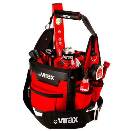 Sac à outils Virax, type sac de rangement, couleur rouge et noir, rempli d'outils.