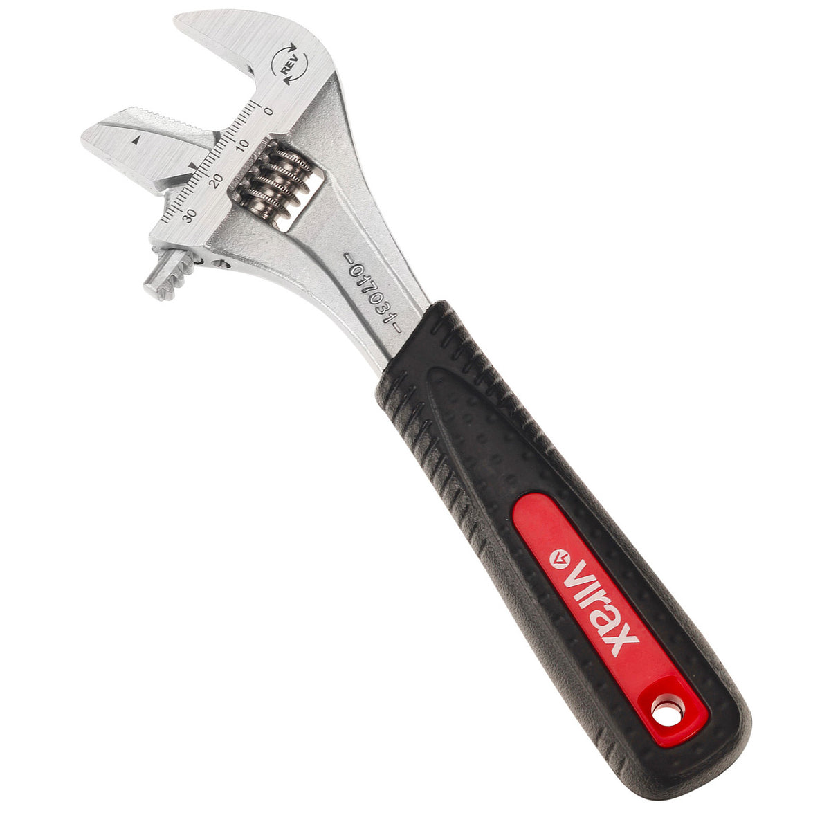 Clé à molette Virax, outillage argent et noir avec poignée rouge et noire.
