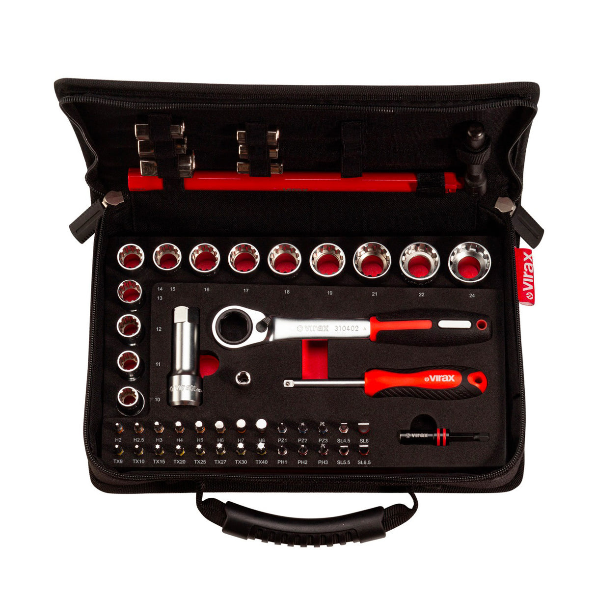 Coffret à douilles Virax, outillage main, couleur rouge et noir, embouts multiples.