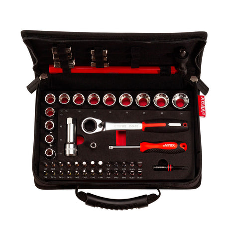 Coffret à douilles Virax, outillage main, couleur rouge et noir, embouts multiples.