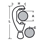 Schéma coupe-tube argenté Facom, outil de plomberie, dimensions techniques indiquées.