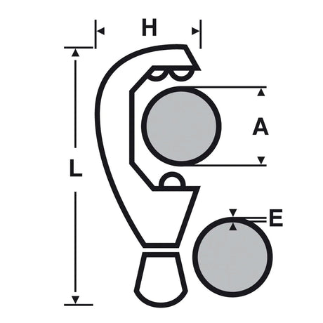Schéma coupe-tube argenté Facom, outil de plomberie, dimensions techniques indiquées.