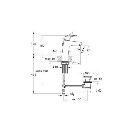 Schéma technique mitigeur Grohe, robinet chromé, dimensions détaillées, couleur argent.