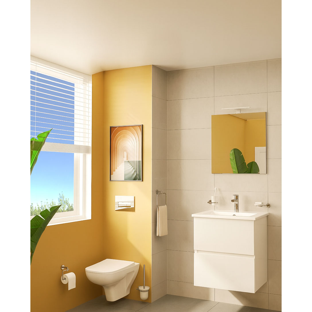 Salle de bain moderne avec WC suspendu blanc Grohe, meuble vasque blanc, murs jaunes.
