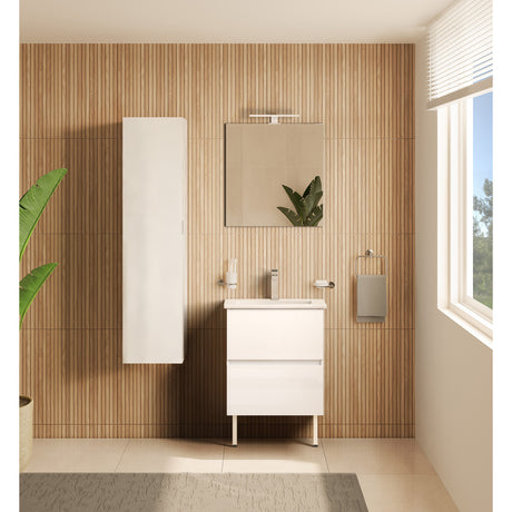 Meuble de salle de bain blanc Tuto, marque Fackelmann, design moderne sur fond bois
