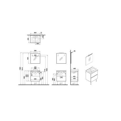 Plan technique meuble de salle de bain blanc Delpha avec vasque et miroir, dimensions détaillées.