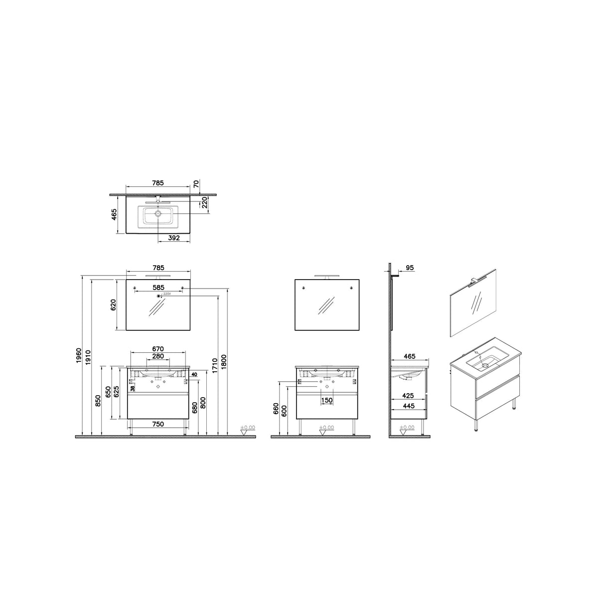 Plan technique meuble lavabo blanc, marque inconnue, type meuble salle de bain.