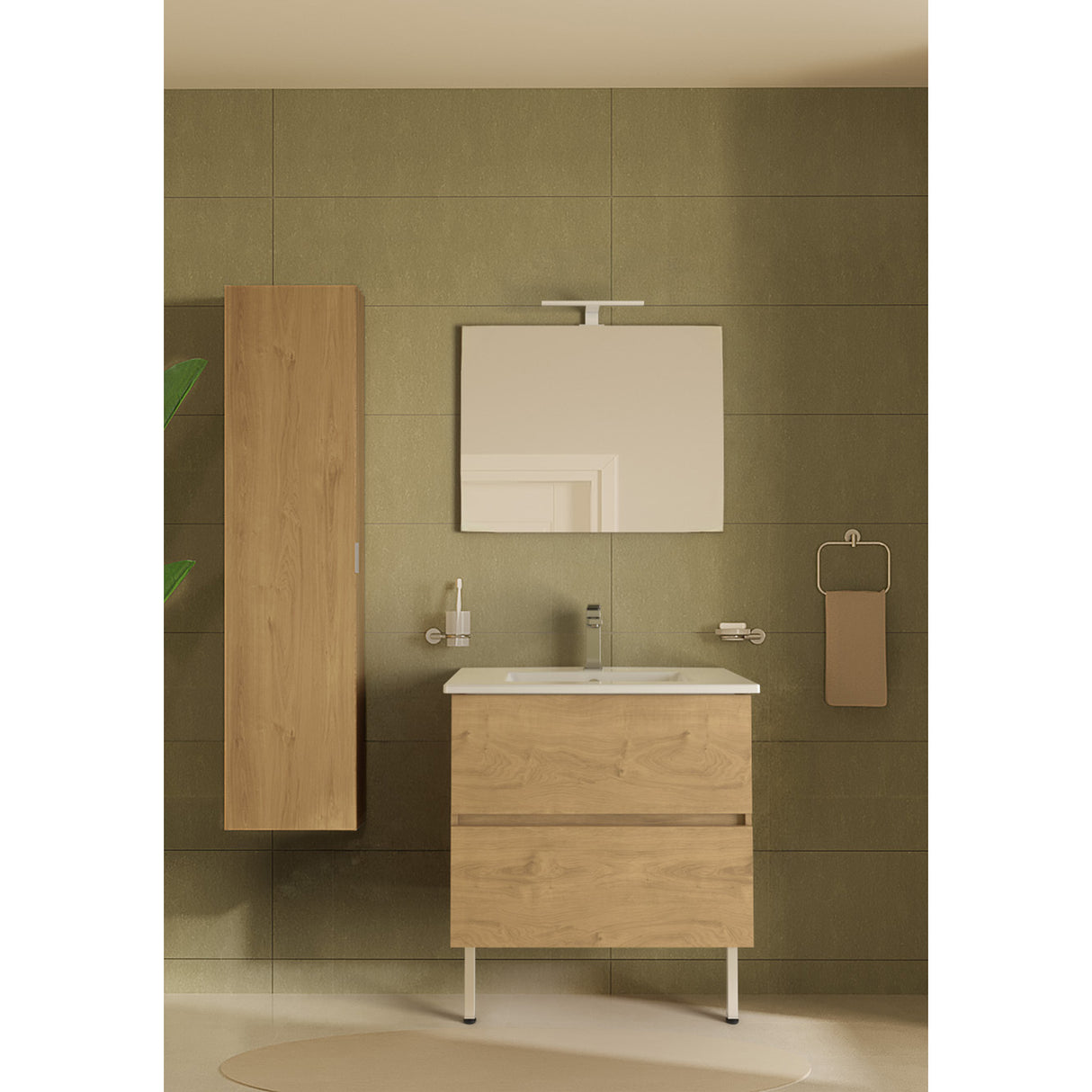 Meuble de salle de bain couleur bois clair, marque Royo, avec miroir et vasque blanche.