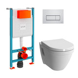 Pack WC suspendu blanc marque VitrA, châssis bleu et plaque de commande blanche.