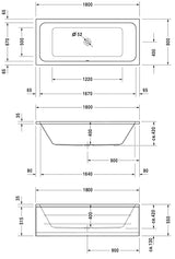 Baignoire blanche Grohe rectangulaire, dimensions 180x80 cm, plan technique détaillé.