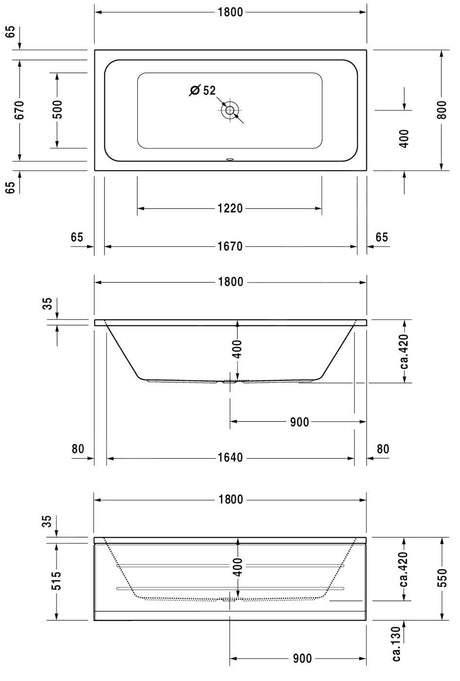 Baignoire blanche Grohe rectangulaire, dimensions 180x80 cm, plan technique détaillé.