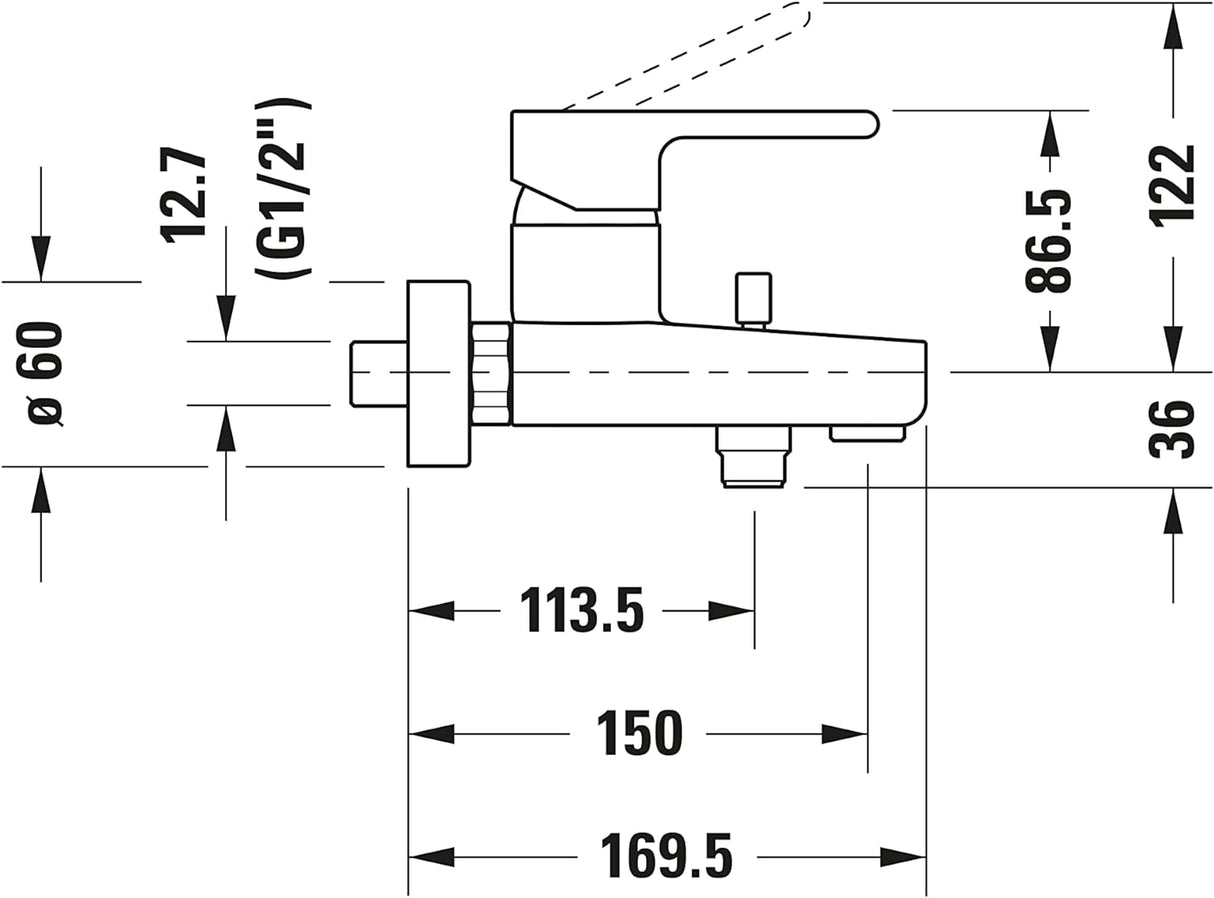 Mitigeur Grohe, robinet de baignoire, finition chromée, schéma technique avec dimensions.
