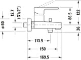 Mitigeur Grohe, robinet de baignoire, finition chromée, schéma technique avec dimensions.
