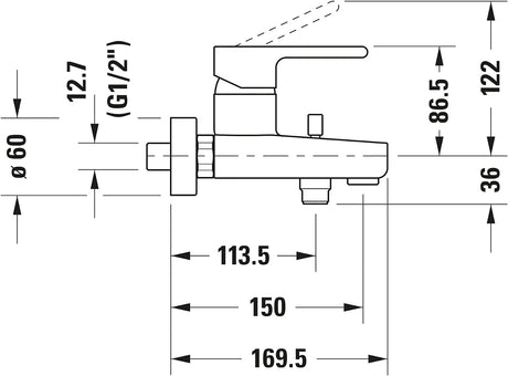 Mitigeur Grohe, robinet de baignoire, finition chromée, schéma technique avec dimensions.