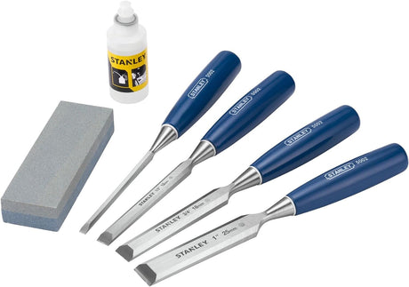 Coffret de ciseaux à bois Stanley bleus avec pierre à aiguiser et huile, outillage menuiserie.