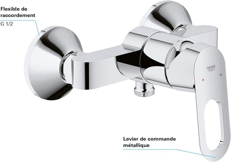 Mitigeur de douche Grohe chromé, robinet mural moderne couleur argent