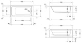 Plan technique de baignoire blanche Grohe, type rectangulaire, avec dimensions détaillées.