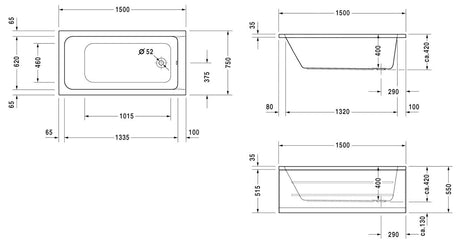 Plan technique de baignoire blanche Grohe, type rectangulaire, avec dimensions détaillées.