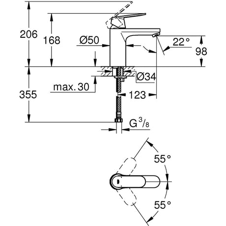Schéma technique mitigeur Grohe, robinet mélangeur, couleur chromé, dimensions détaillées.