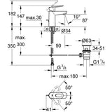 Schéma technique mitigeur lavabo Grohe, robinet chrome, dimensions et angles détaillés