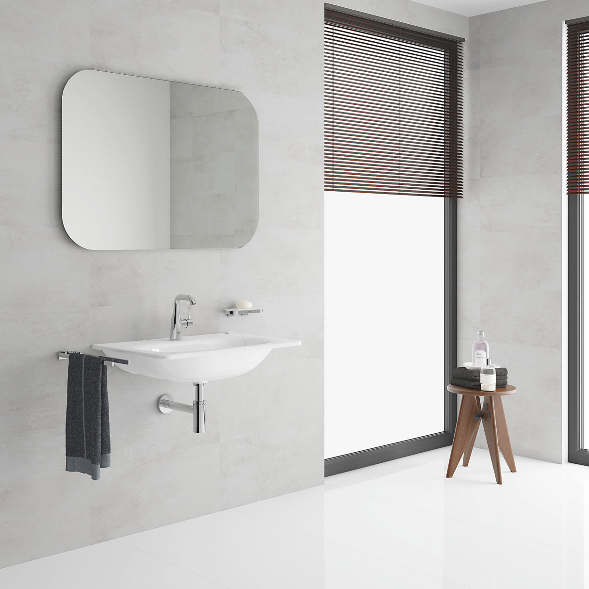 Lavabo mural blanc Grohe, salle de bain moderne, robinet chrome, accessoires assortis