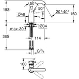 Schéma technique du mitigeur Grohe chromé, robinet de lavabo avec dimensions détaillées.