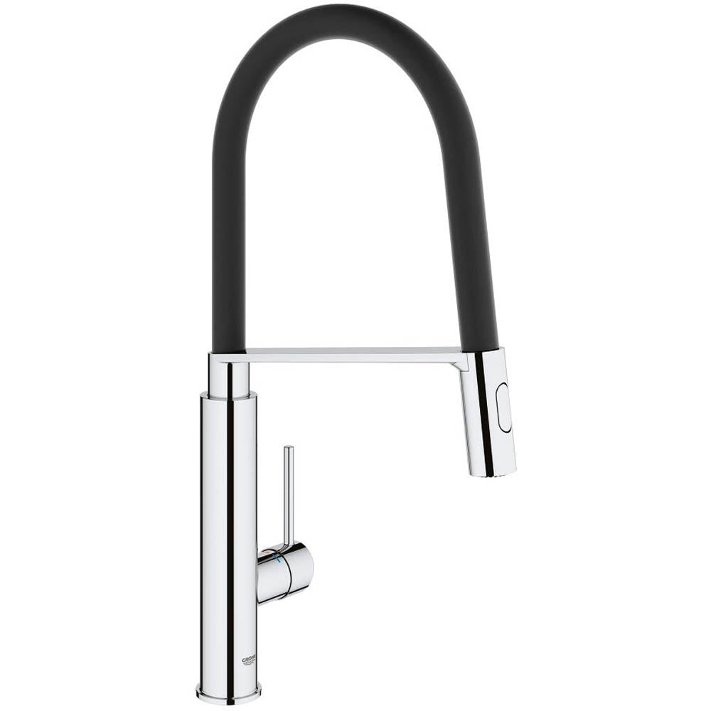 Mitigeur de cuisine Grohe, robinet chrome et noir, flexible moderne