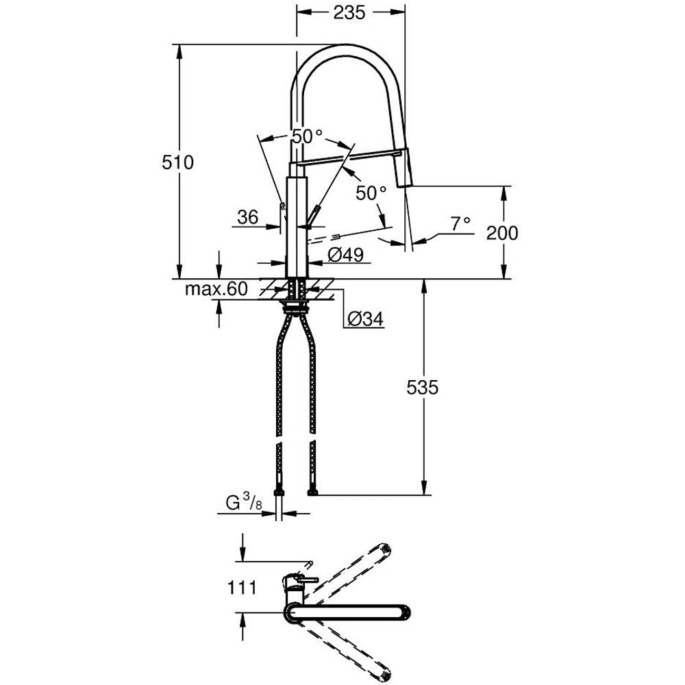 Mitigeur de cuisine Grohe chromé avec schéma technique et dimensions détaillées