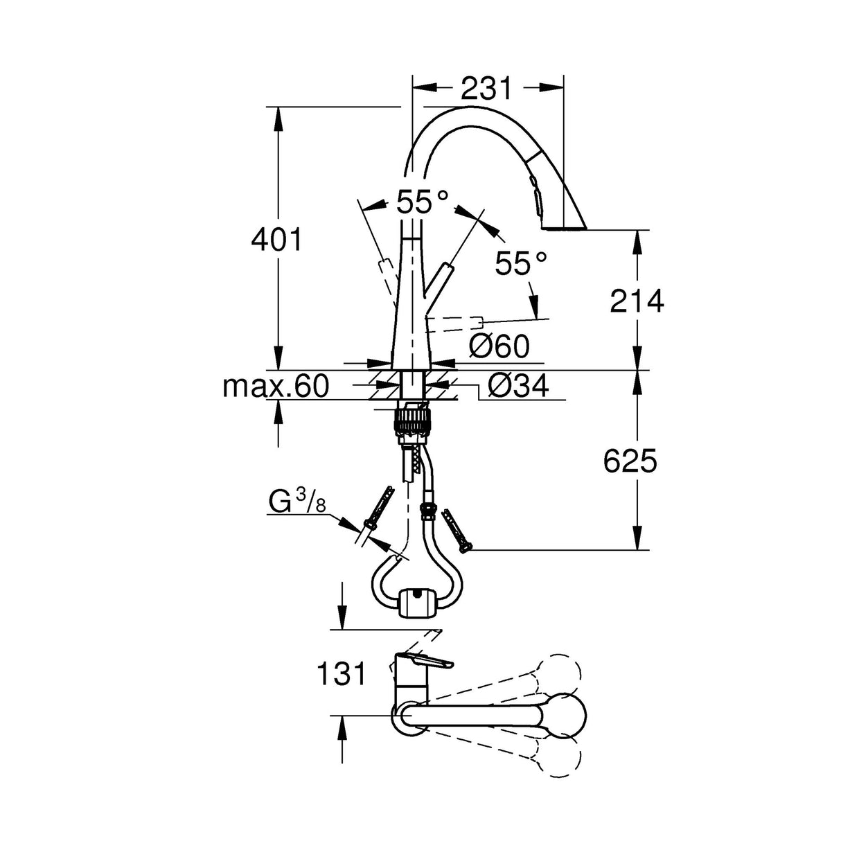 Schéma technique mitigeur de cuisine Grohe coloris chromé avec dimensions et angles détaillés.