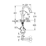 Schéma technique mitigeur de cuisine Grohe coloris chromé avec dimensions et angles détaillés.