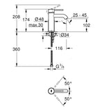 Mitigeur lavabo chromé Grohe, schéma technique avec dimensions précises.