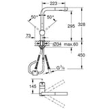 Schéma technique mitigeur Grohe, robinetterie cuisine, couleur chromé, mesures détaillées