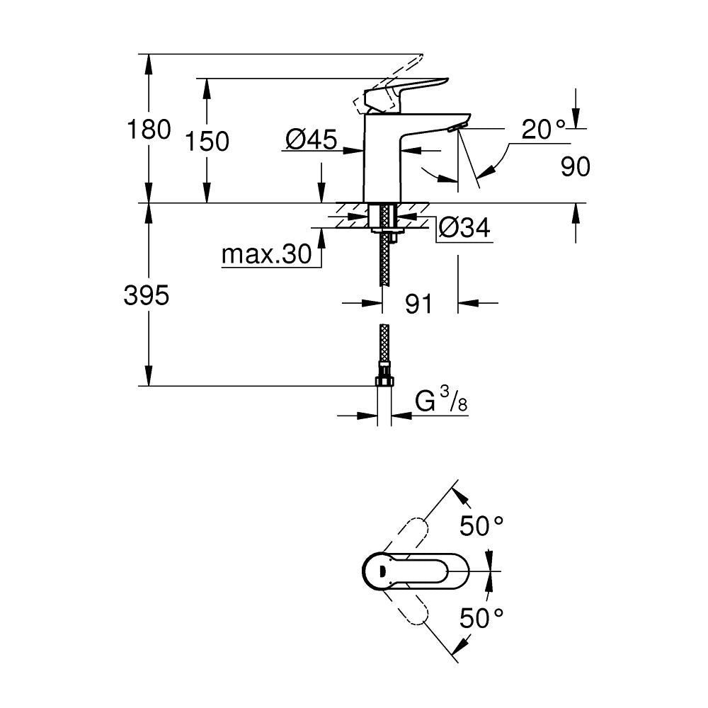 Schéma technique du mitigeur chrome Grohe, robinetterie de lavabo avec dimensions détaillées.