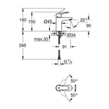 Schéma technique du mitigeur chrome Grohe, robinetterie de lavabo avec dimensions détaillées.