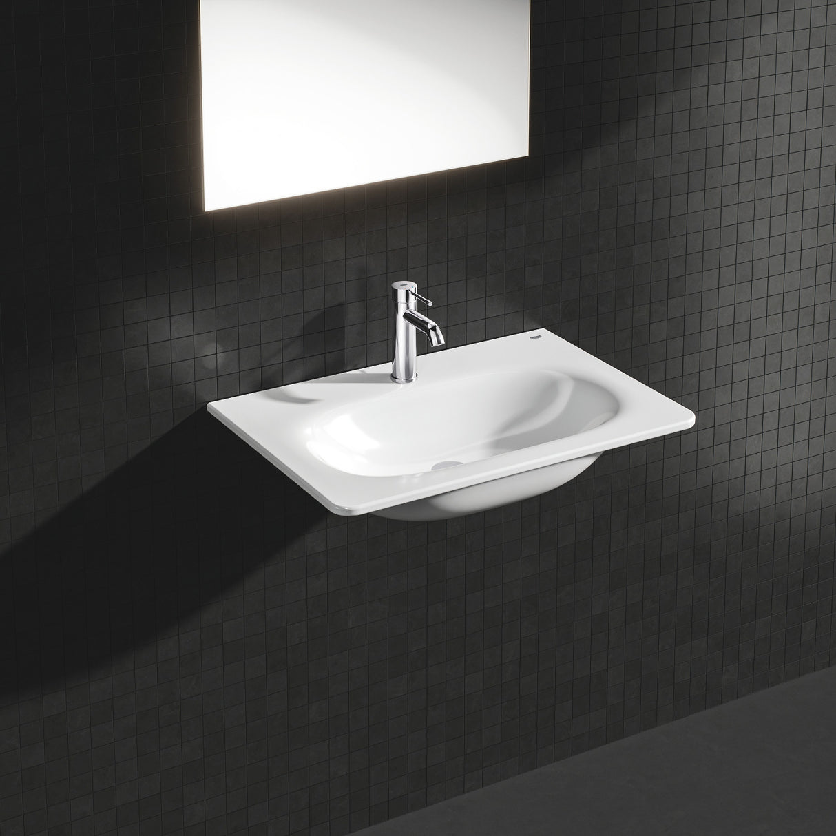 Lavabo blanc Grohe, vasque murale design salle de bain, robinet chrome, sanitaire