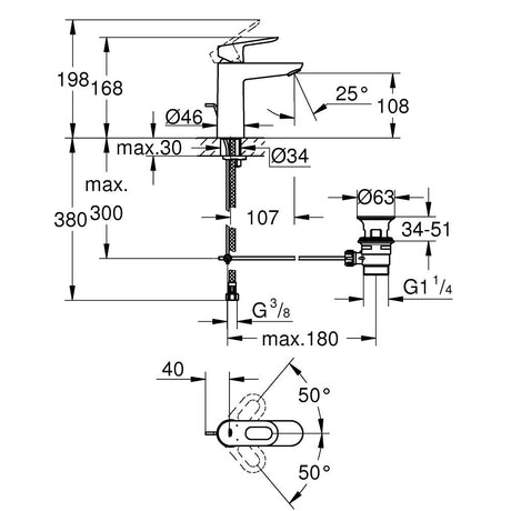 Schéma technique du mitigeur Grohe chromé pour lavabo, avec dimensions détaillées.