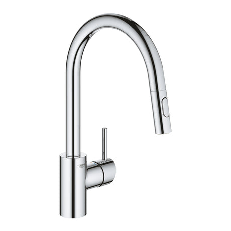 Mitigeur de cuisine Grohe chromé, robinet mélangeur moderne avec douchette extractible.