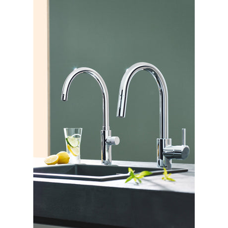 Mitigeur Grohe chrome, robinet de cuisine moderne, finition argentée