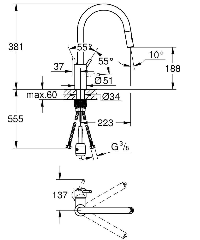 Mitigeur Grohe, robinet de cuisine, chromé, schéma technique avec dimensions détaillées.