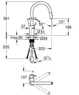 Mitigeur Grohe, robinet de cuisine, chromé, schéma technique avec dimensions détaillées.