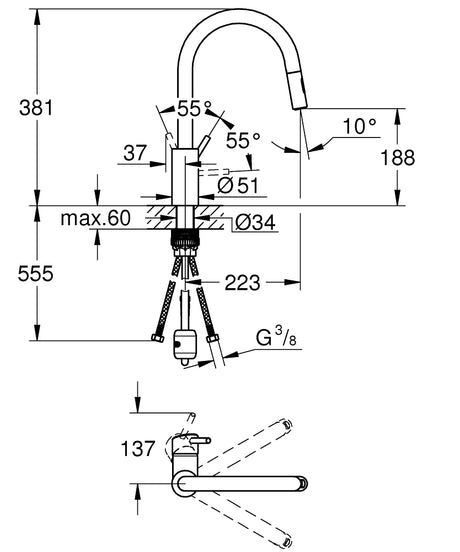 Mitigeur Grohe, robinet de cuisine, chromé, schéma technique avec dimensions détaillées.