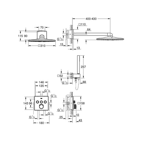 Schéma technique Grohe, colonne de douche en métal chromé, détails dimensions et montage mural.